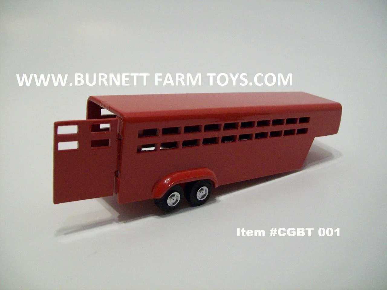 Item #CGBT 001 Red Tandem Axle Stamped Aluminum Livestock Gooseneck Trailer with Side Swing Rear Door - 1/64 Scale - Burnett Farm Toys, LLC Exclusive - Image 4