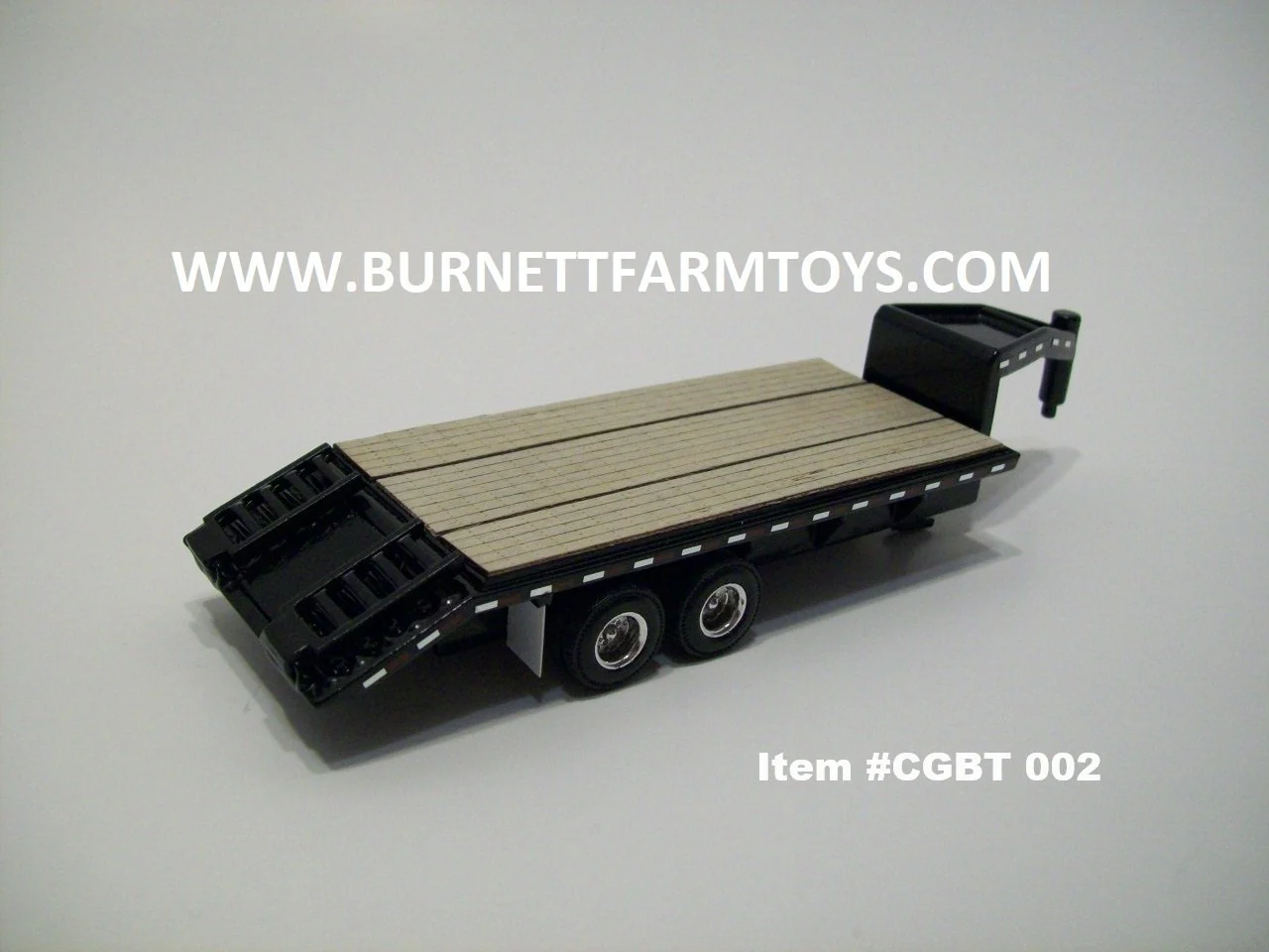 Item #CGBT 002 Black Tandem Axle Die-Cast Metal Frame Wood Floor Gooseneck Trailer with Ramps - 1/64 Scale - Image 3
