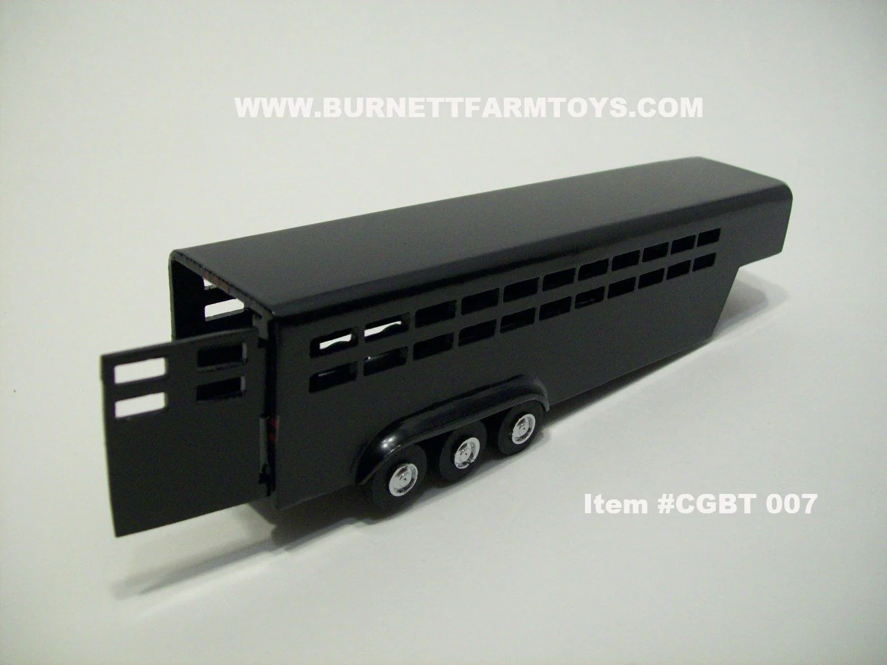 Item #CGBT 007 Black Tri-Axle Stamped Aluminum Livestock Gooseneck Trailer with Side Swinging Rear Door - 1/64 Scale - Burnett Farm Toys, LLC Exclusive - Image 4