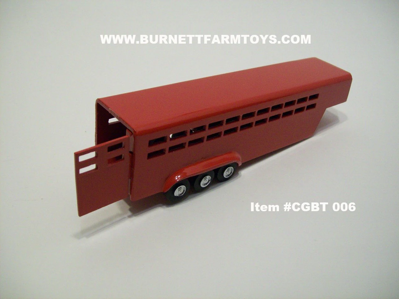 Item #CGBT 006 Red Tri-Axle Stamped Aluminum Livestock Gooseneck Trailer with Side Swinging Rear Door - 1/64 Scale - Burnett Farm Toys, LLC Exclusive - Image 4
