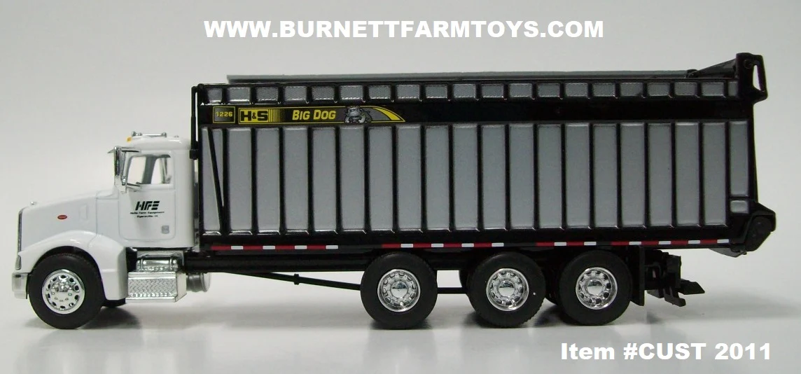 Item #CUST 2011 White Peterbilt 385 Day Cab with Helle Farm Equipment Logo with Gray Black Trim Black Frame Tri-Axle H&S Big Dog Forage Box - 1/64 Scale - SpecCast - Image 3