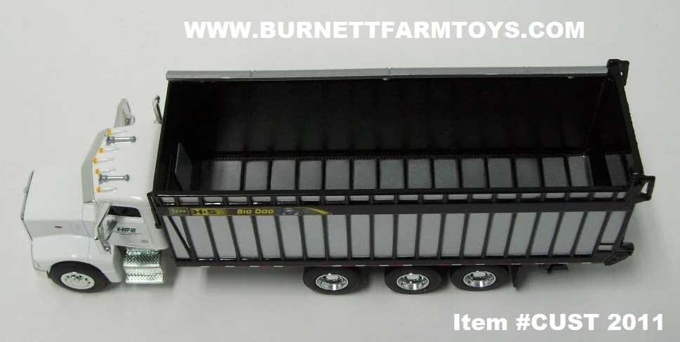 Item #CUST 2011 White Peterbilt 385 Day Cab with Helle Farm Equipment Logo with Gray Black Trim Black Frame Tri-Axle H&S Big Dog Forage Box - 1/64 Scale - SpecCast - Image 4